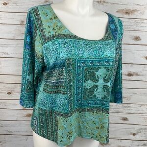 Only 9 Blue Green Floral Sequin 3/4 Sleeve Blouse